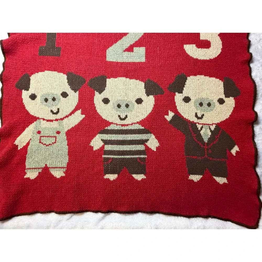 Green 3 Three Little Pigs Knit Throw Blanket Red Recycled Cotton Made in USA